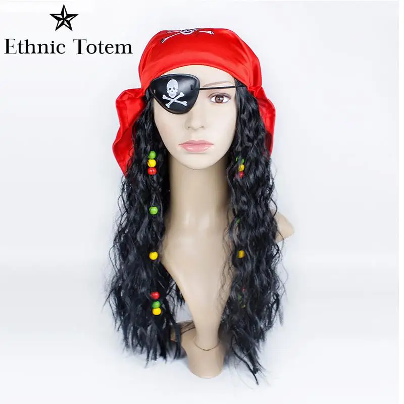 Peruca de capitão pirata marrom para adulto, Jack Sparrow Chapéus de couro falso com cabelo, Halloween Cosplay Costume, acessórios