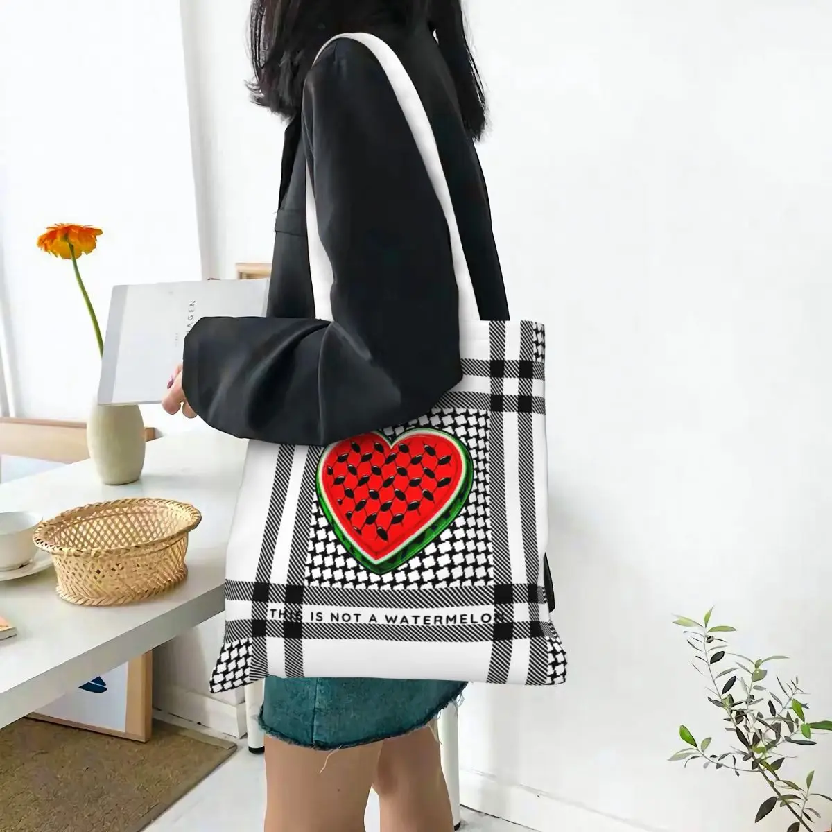 This Is Not A Watermelon Canvas Tote Handbag Magritte Parody Watermelon Keffiyeh Grocery Bags Shopper Bags for Women