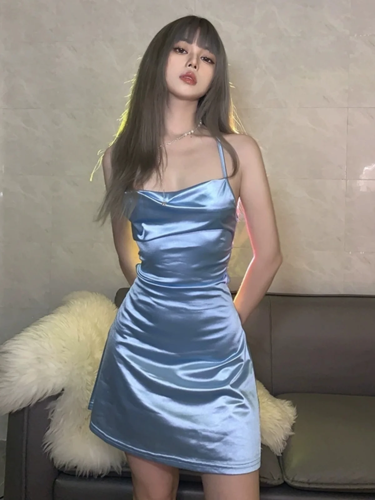 

Sexy Blue Strapl Satin Dr Waist Cinched Bal Design Trendy ort Skirt for Date Comfortable Soft Polyester Fabric