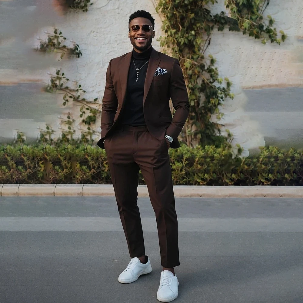 

Формальные коричневые мужские костюмы, модные однобортные остроконечные лацканы, приталенная мужская одежда, высокое качество, комплект из двух предметов, куртка, брюки, блейзер