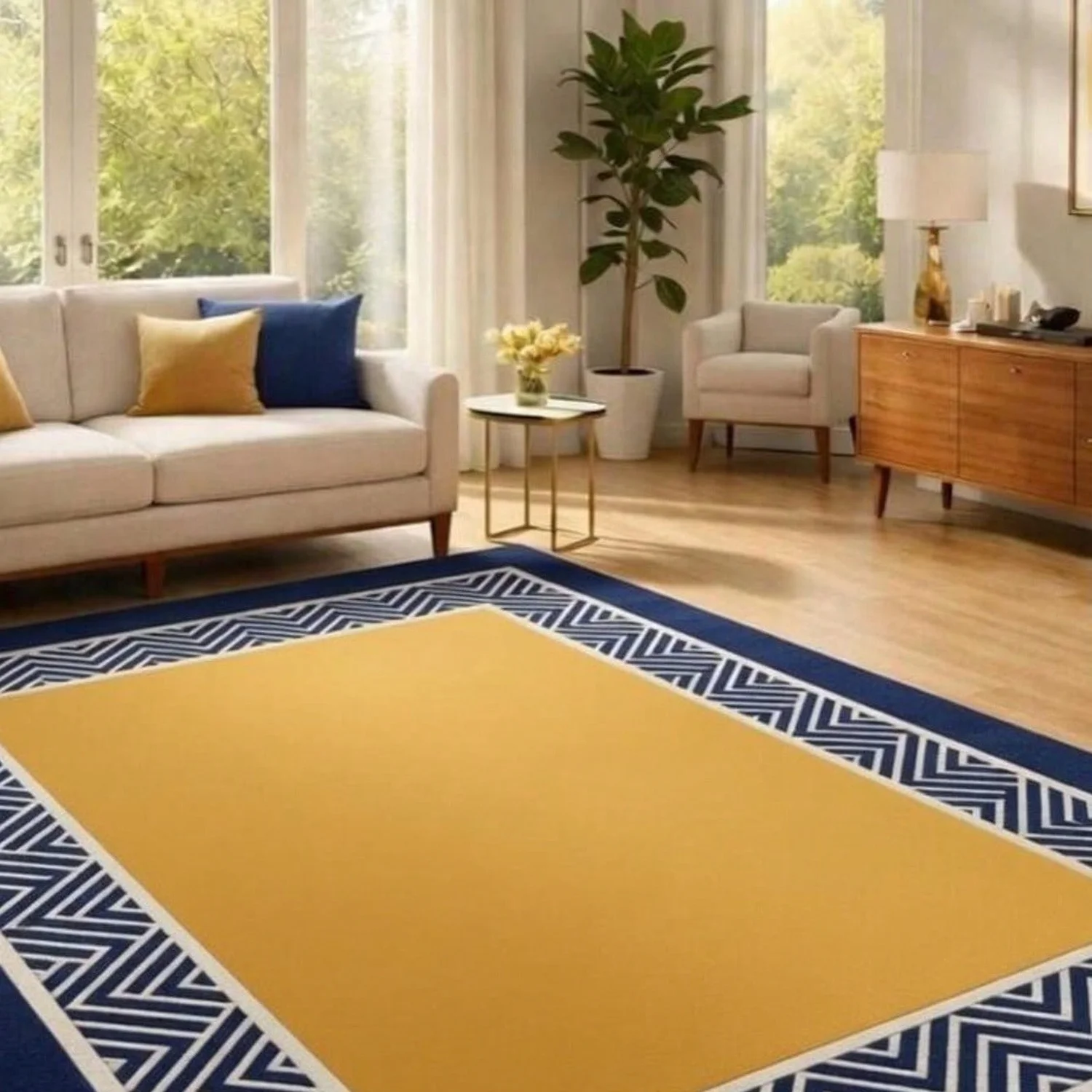 Modern Navy Blue and Yellow Tufted Carpet with Geometric C1 Herringbone Border Pr1 Premium Wool Area Rug, Suitable for Living Room and Bedroom, 8 X 10 Feet.