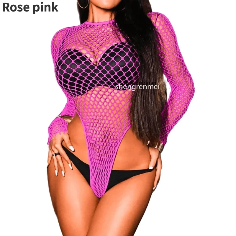 Женское нижнее белье, сексуальное боди в сеточку с высоким вырезом, прозрачный топ с длинными рукавами, клубная одежда, наряд для вечеринки и клуба, цельный пляжный костюм, lenceria