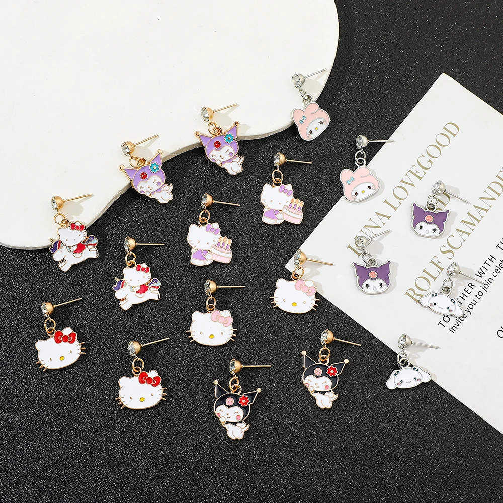 New Saneio Series Cartoon Kuromi Hello Kitty Rhinestone Earrings Sweet Girl Earrings Cute Style Girl Earrings Fashion Gift