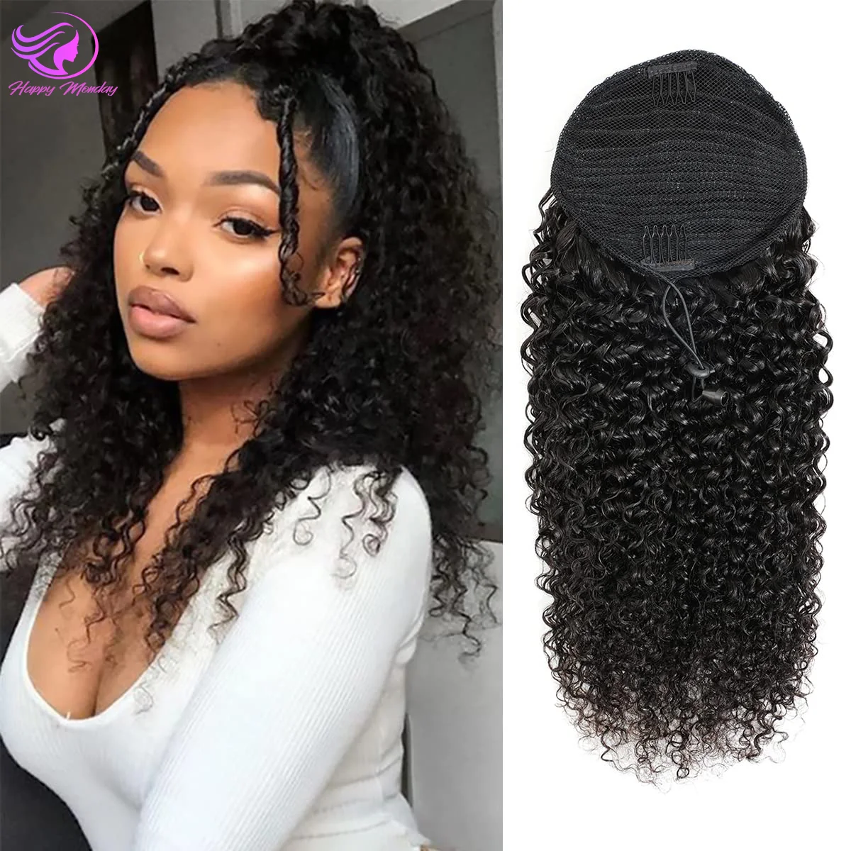 Water Wave Ponytail Human Hair Extensions Remy Corn Wave Drawstring Ponytail Hair Extensions Pony Tail Clip In Hair For Women