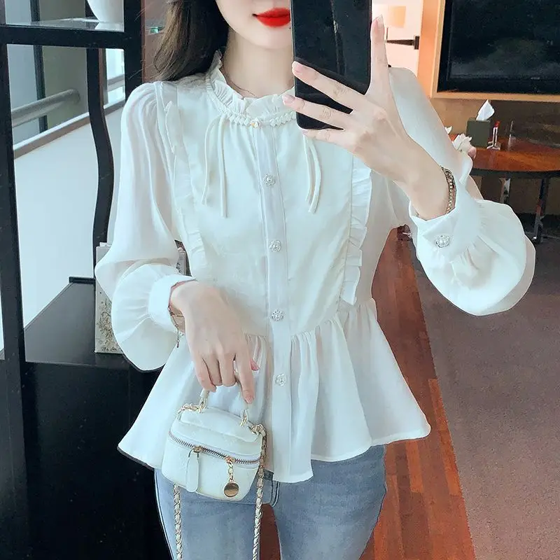 New Chinese Woman Top Style Frill Ruffle Chiffon Shirts & Blouses For Women Xxl Aesthetic Hot Elegant Social Luxury Designer Xl