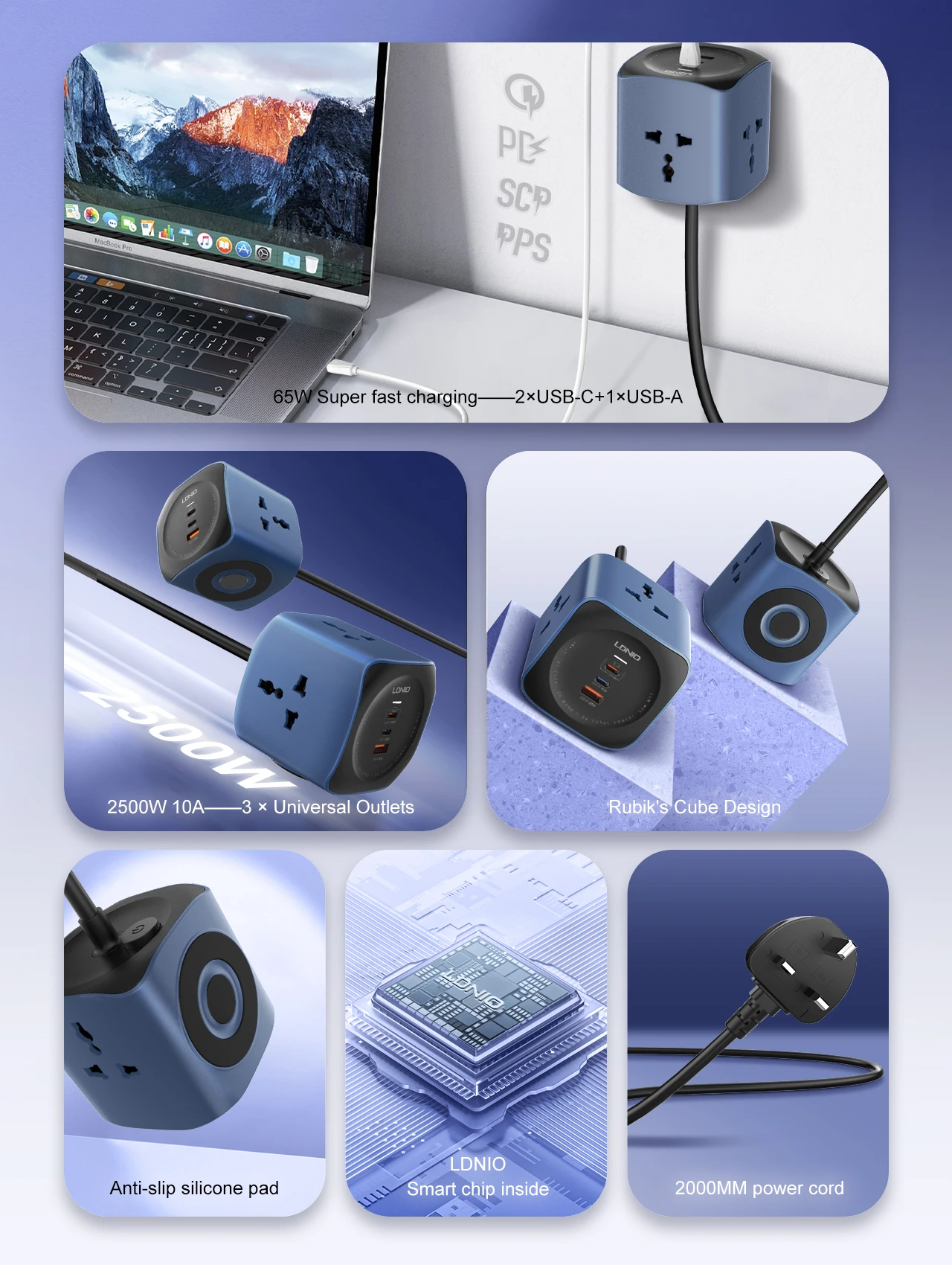 Cube Power Strip LDNIO 65W Charging Stations 2M Electric Extension Power Cord EU UK US Plug USB C Adapter Socket Surge Protector