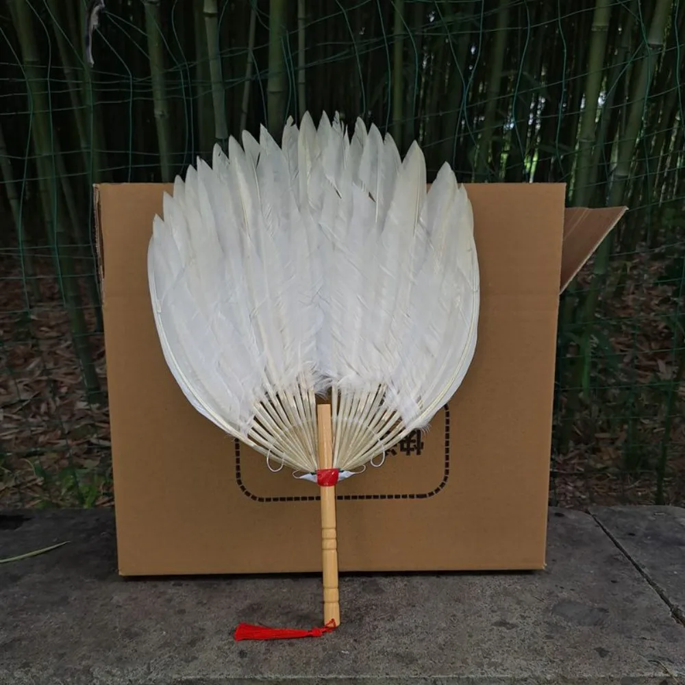 Zhuge Liang Fan Chinese Style Goose Feather Fan Vintage Lightweight Hand Fan Large Size Long Handle Tea Fan Summer