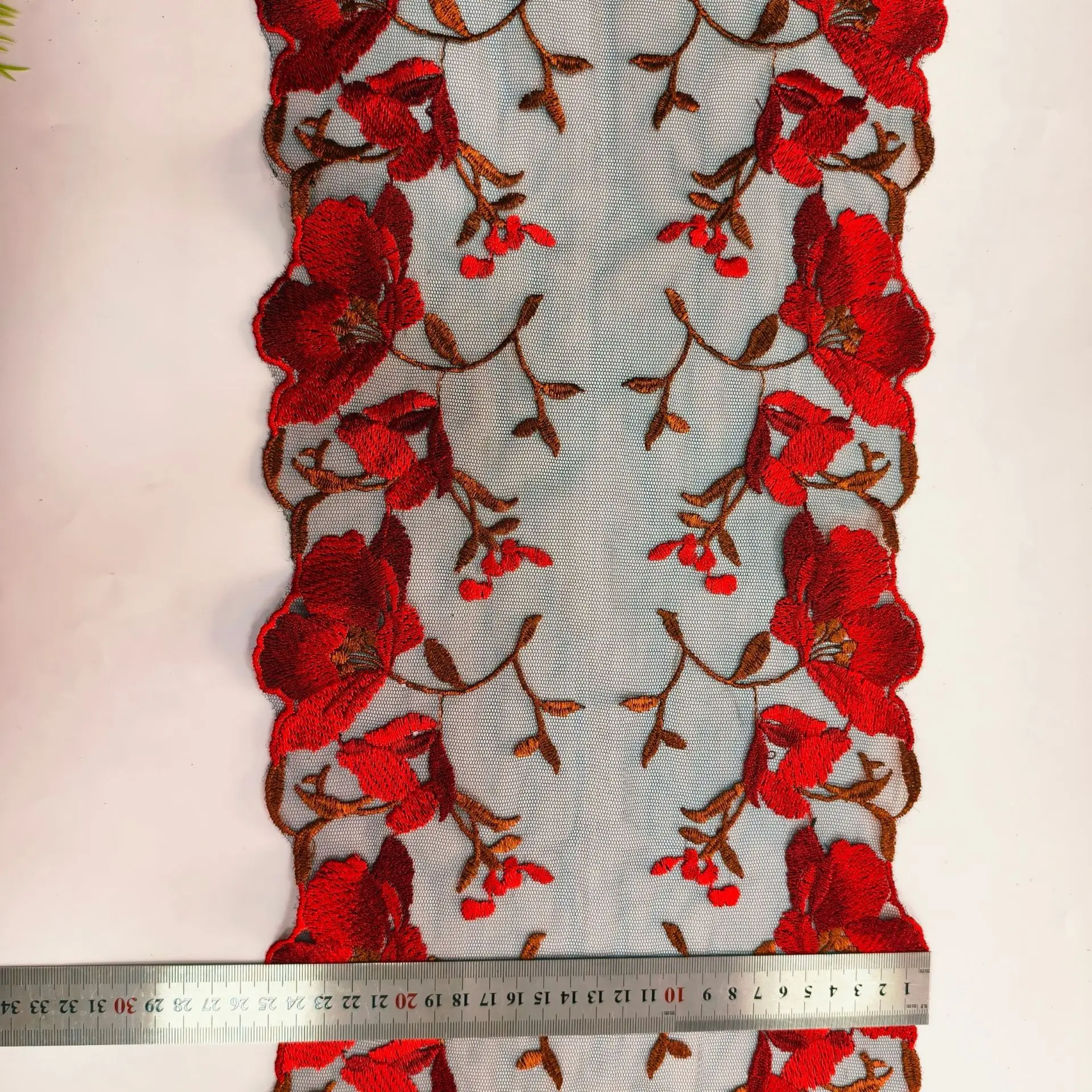 20Yards Embroidery Mesh Red Floral Two Sides Lace Trim Ribbons Tulle Fabric DIY Lolita Wedding Garment Accessories