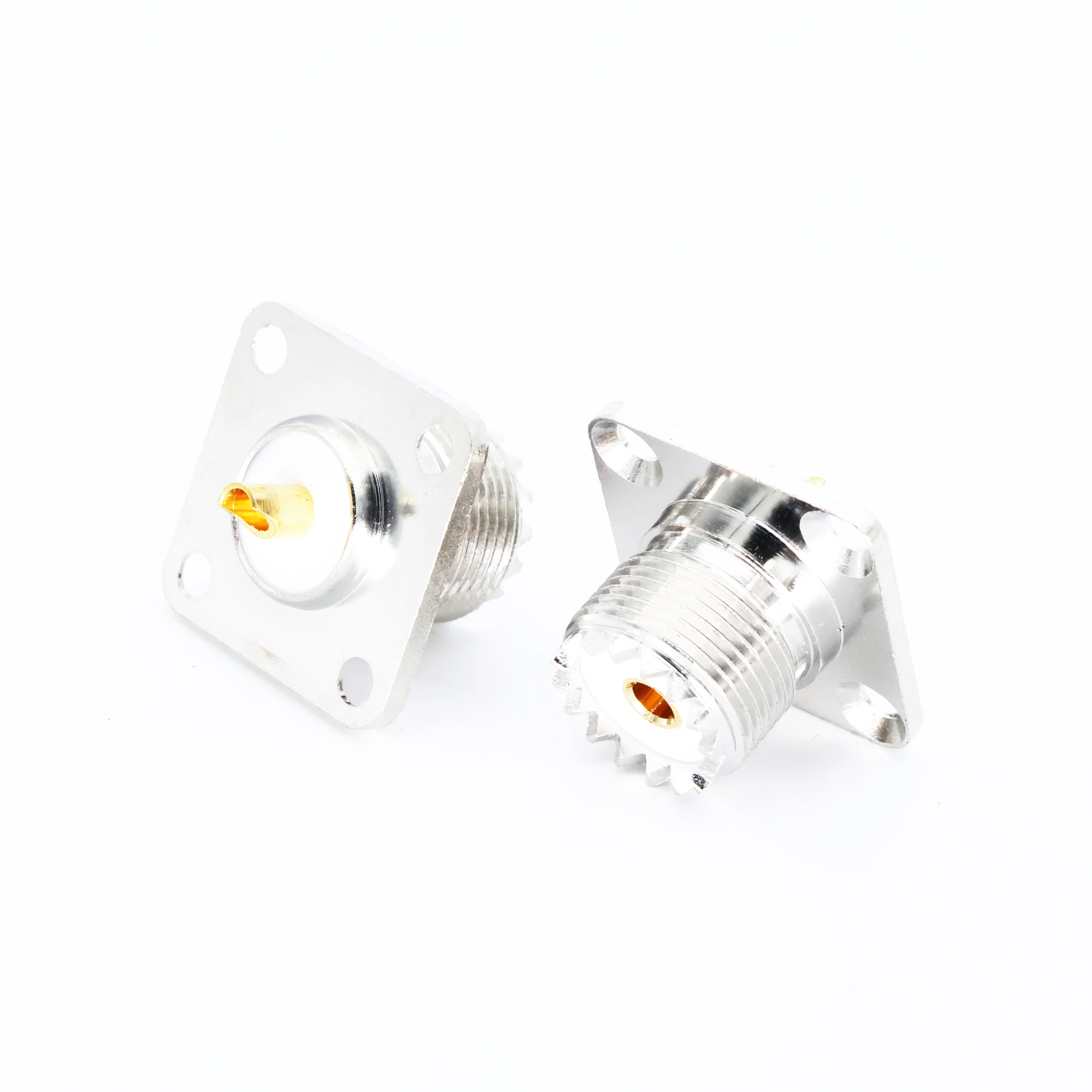 Quadrado Solda Copo Forma Coaxial Conector, Feminino UHF Painel Conector, SO-239 Feminino Jack para Rádio e Vídeo Equipamentos, 4 Buraco