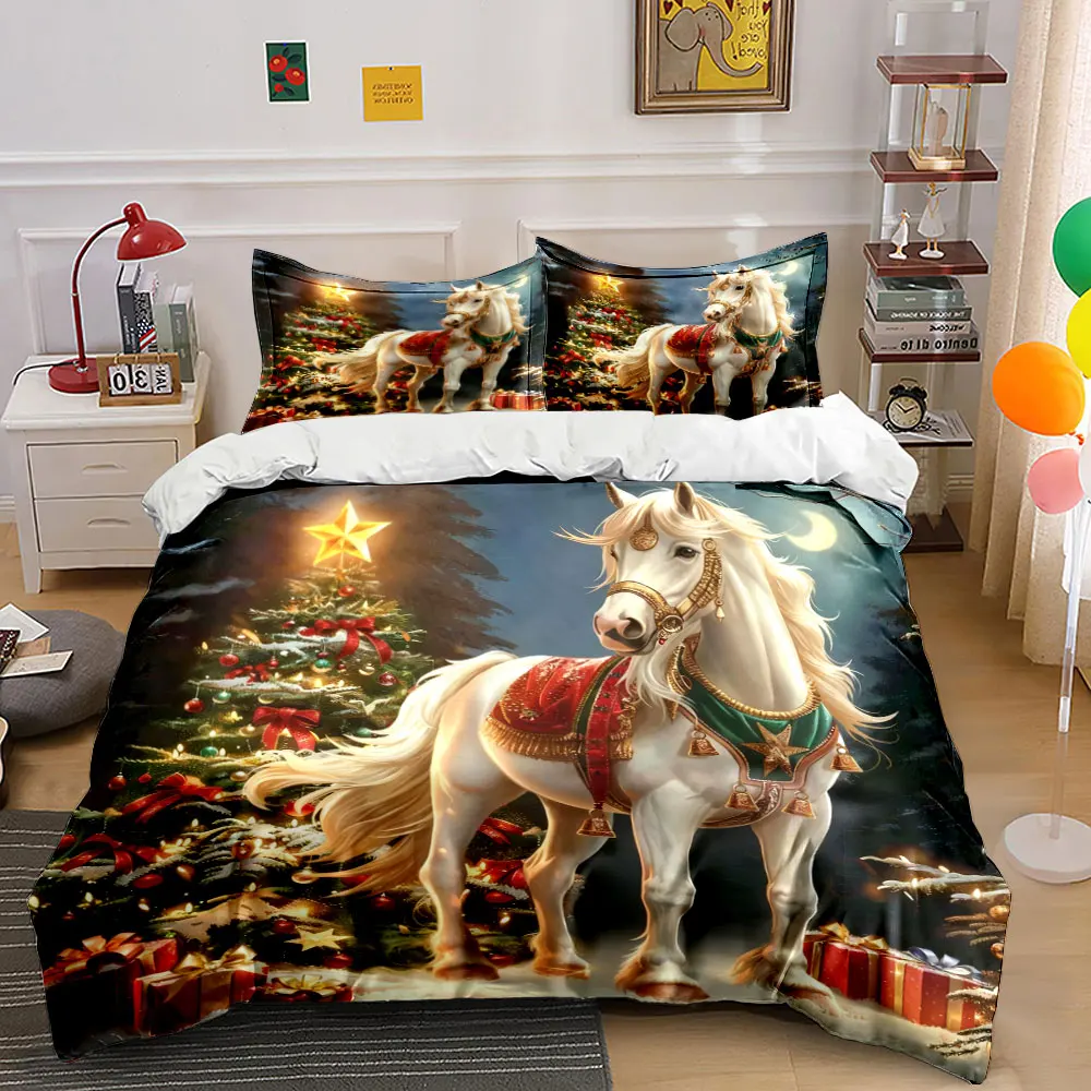 A majestic white horse adorned with Christmas decorations Print Duvet Cover Bedding Set Included 1*Duvet Cover 2*Pillowcases