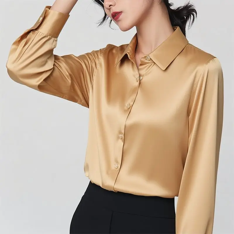 Woman Silk Shirt Long-sleeved Satin Women Blouse 19mm Mulberry Silk Blouse Loose Versatile Base Shirt 95% Natural Silk+5%Spandex