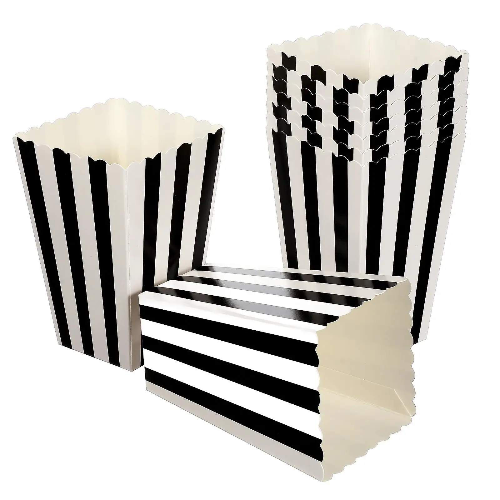 24 Pcs Paper Cup Popcorn Boxes Clear Black White Small Cups Stripe Pattern Wavy Edge Food Grade Cardboard Party Containers