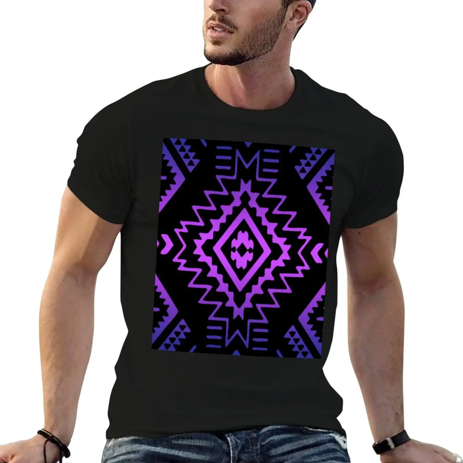Black / Violet/ Light Purple Gradient Native Pattern T-Shirt plus sizes sweat workout shirts for men