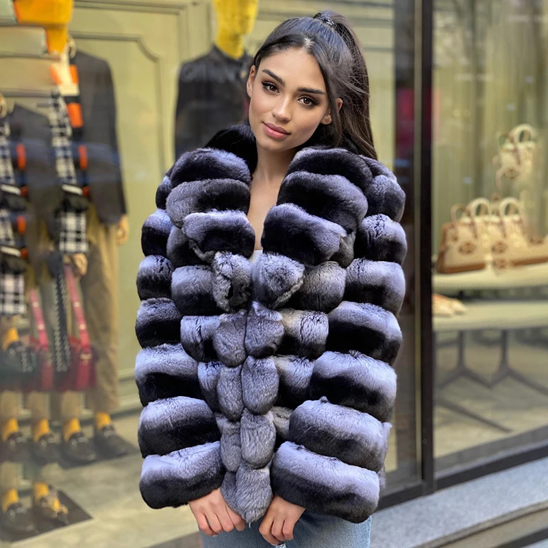 Lapel Thicken Natural Chinchilla Fur Coat Women Fashion Casual Outertwear Strip Sewed Cozy Real Rex Rabbit Fur Jacket Female