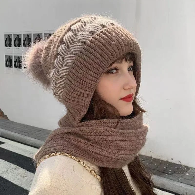 Women\'s Korean Hooded Scarf Winter Hats Woman Cold Protection Warm Scarf Hat Cute Fur Ball Ear Protection Thickened Knitted Hat