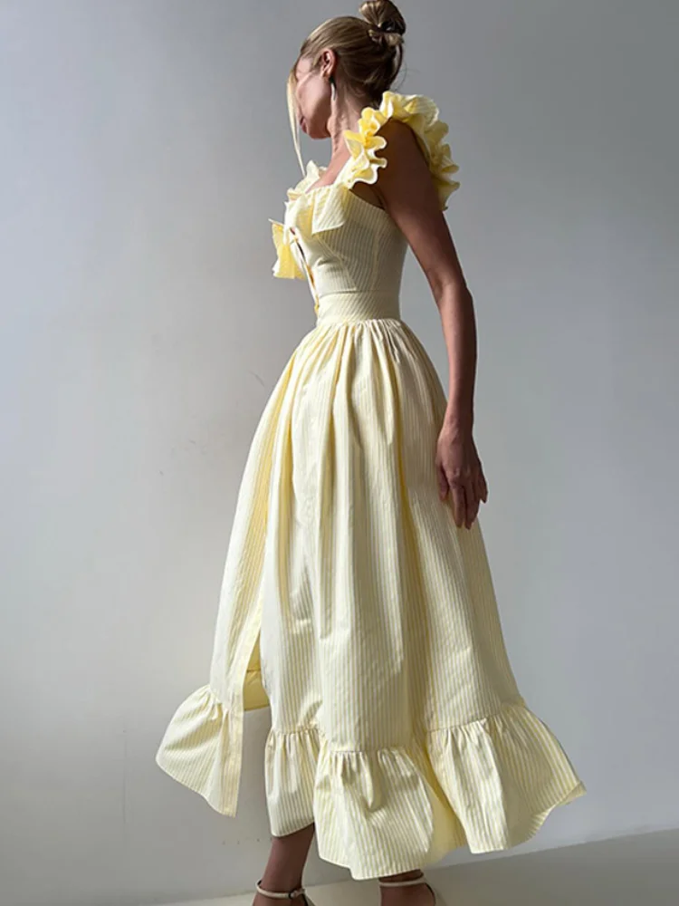 

Yellow Ruffled Single Breasted Buckle Dress Elegant Sleeveless V Neck High Waist Slit Loose Vestido 2025 New Summer Lady Robes