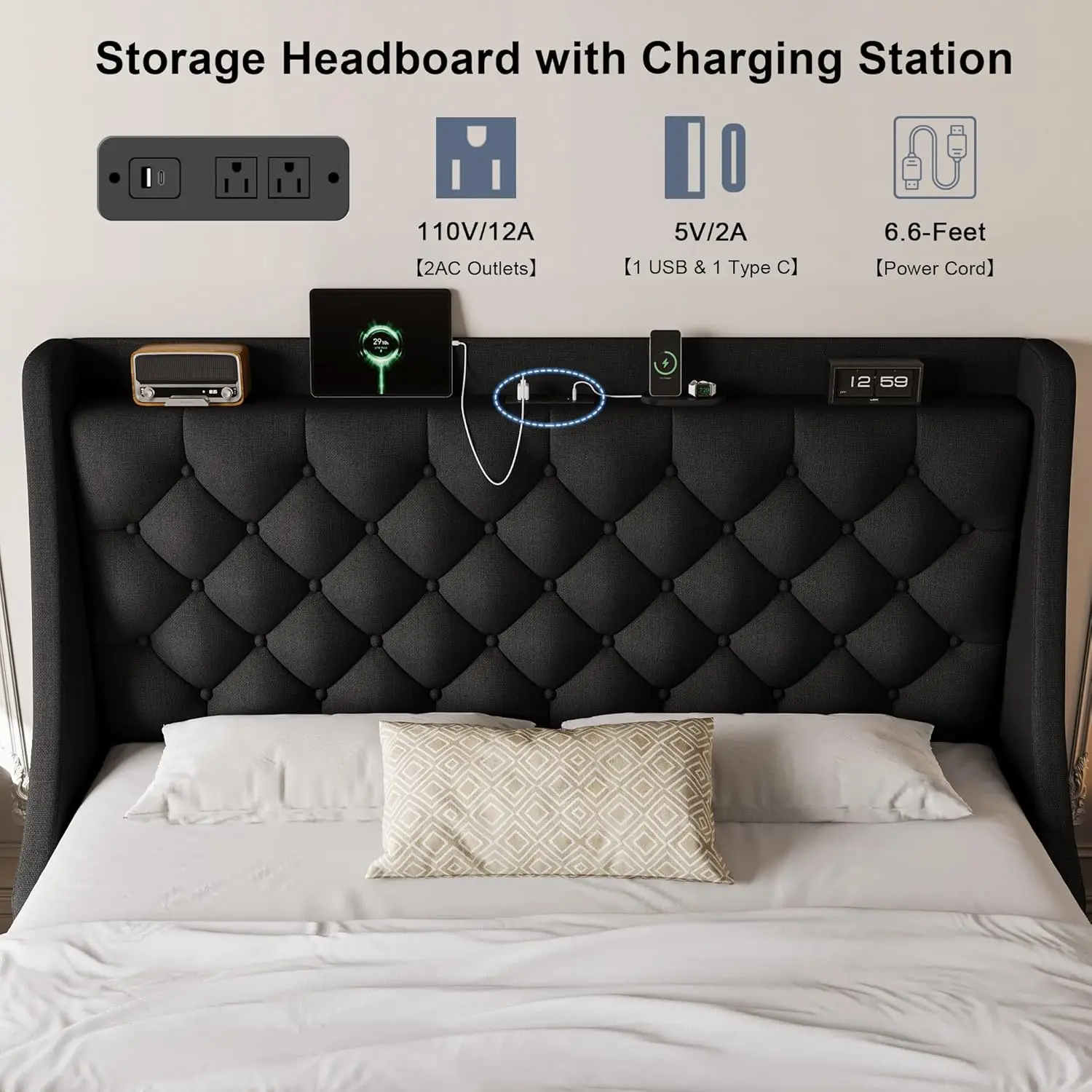 Queen Upholstered Platform Bed Frame with Storage Drawers USB Charging Wingback Headboard Wooden Slats No Box Spring, Customized - view 5