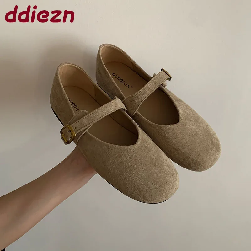 

new Flock Fashion Round Toe Women Mary Janes Flats Shoes Autumn Spring Female Shallow Footwear Buckle Strap Ladies Flats Shoes