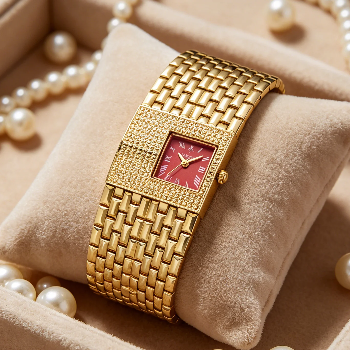 YaLaLuSi Bling Gold Square Women Watch  Bezel Red Roman Dial Brick Link Band Fashion Ladies Quartz Wrist Watch Gift
