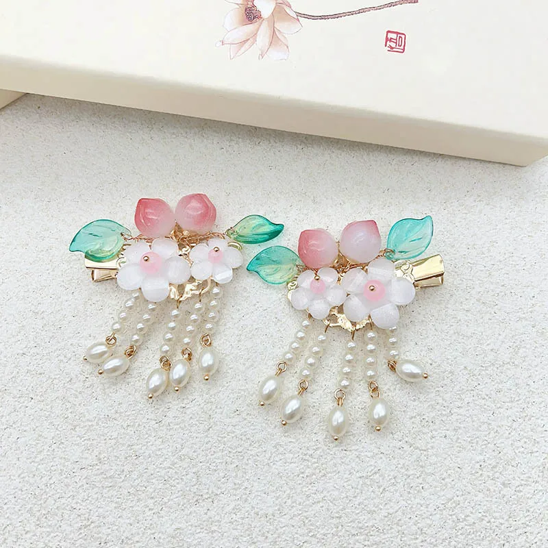 

Заколки для волос Hanfu, милые заколки для волос с цветком персика, женские аксессуары для волос с жемчужной кисточкой в древнем стиле, боковые зажимы, зажимы в виде утконоса