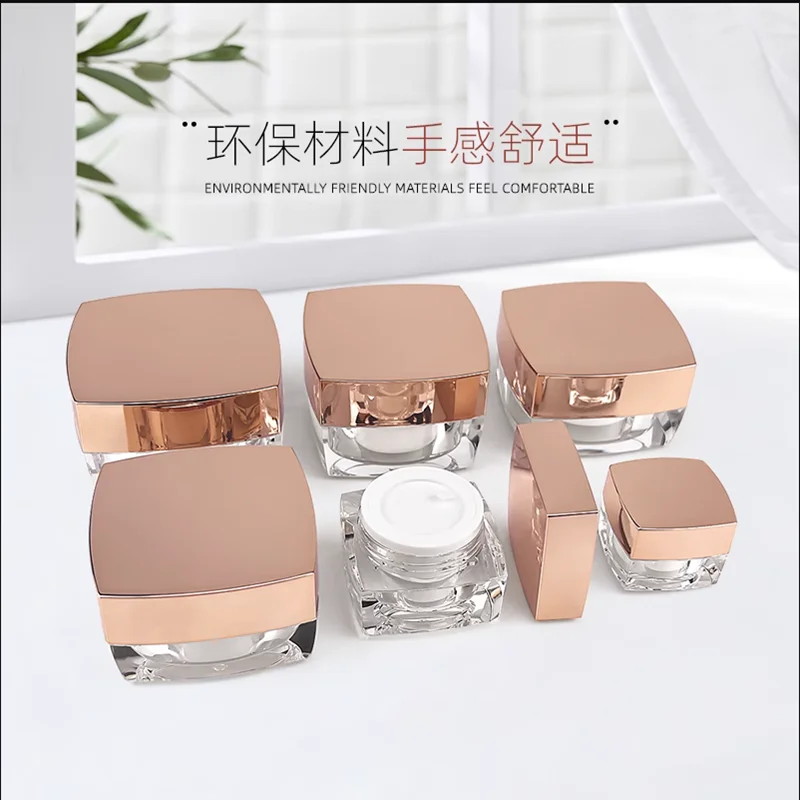 5-50g Acrylic Cream Jar Cosmetic Container Square Clear Bottle With Rose Gold Cap Empty Makeup Jar Pot Refillable Bottle