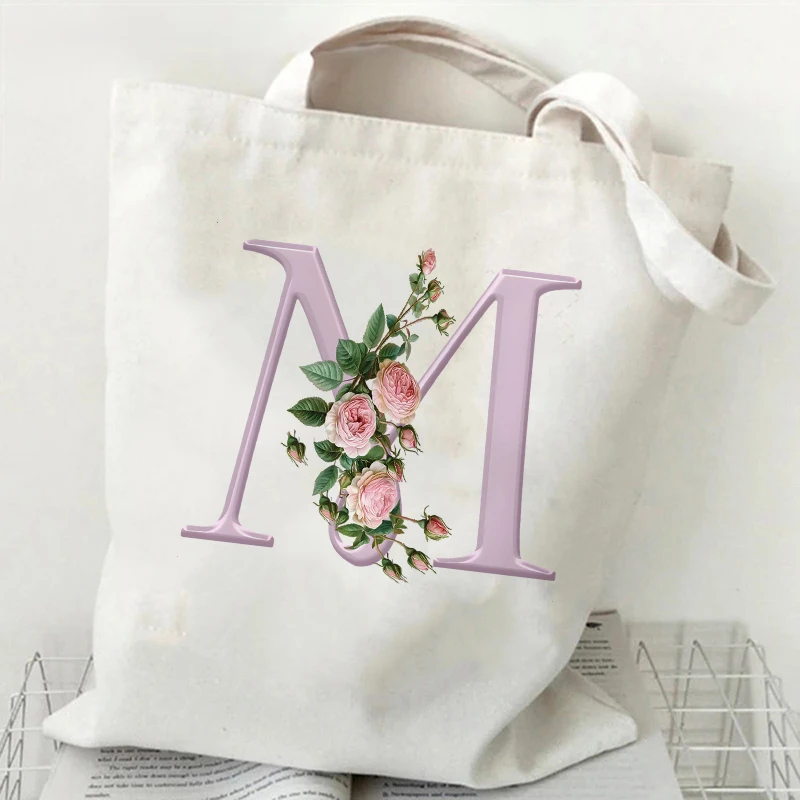 المرأة حقيبة قماشية الورود الأرجواني A-Z 26 إلكتروني طباعة الإناث قابلة لإعادة الاستخدام حقيبة تسوق حقائب الطلاب كتاب حقيبة كتف حقيبة يد