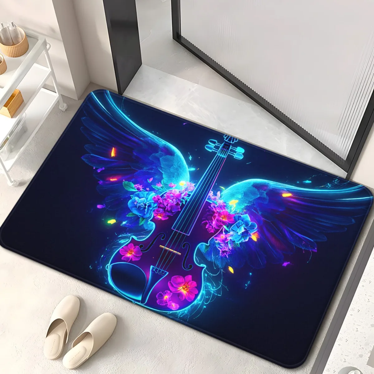 1pc Violin with Wing-Like Extensions & Floral Design HD Printed Non-Slip Absorbent Machine Washable Polyester Mat for Bathroom,