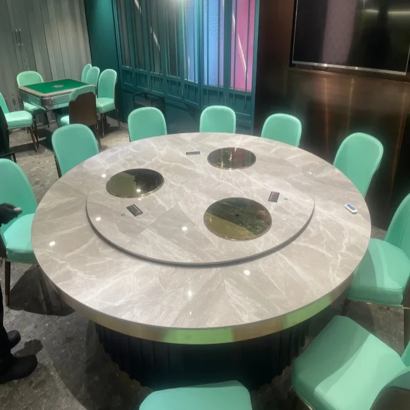 Big round table rock slab electric turntable dining table hotel induction cooker hot pot table