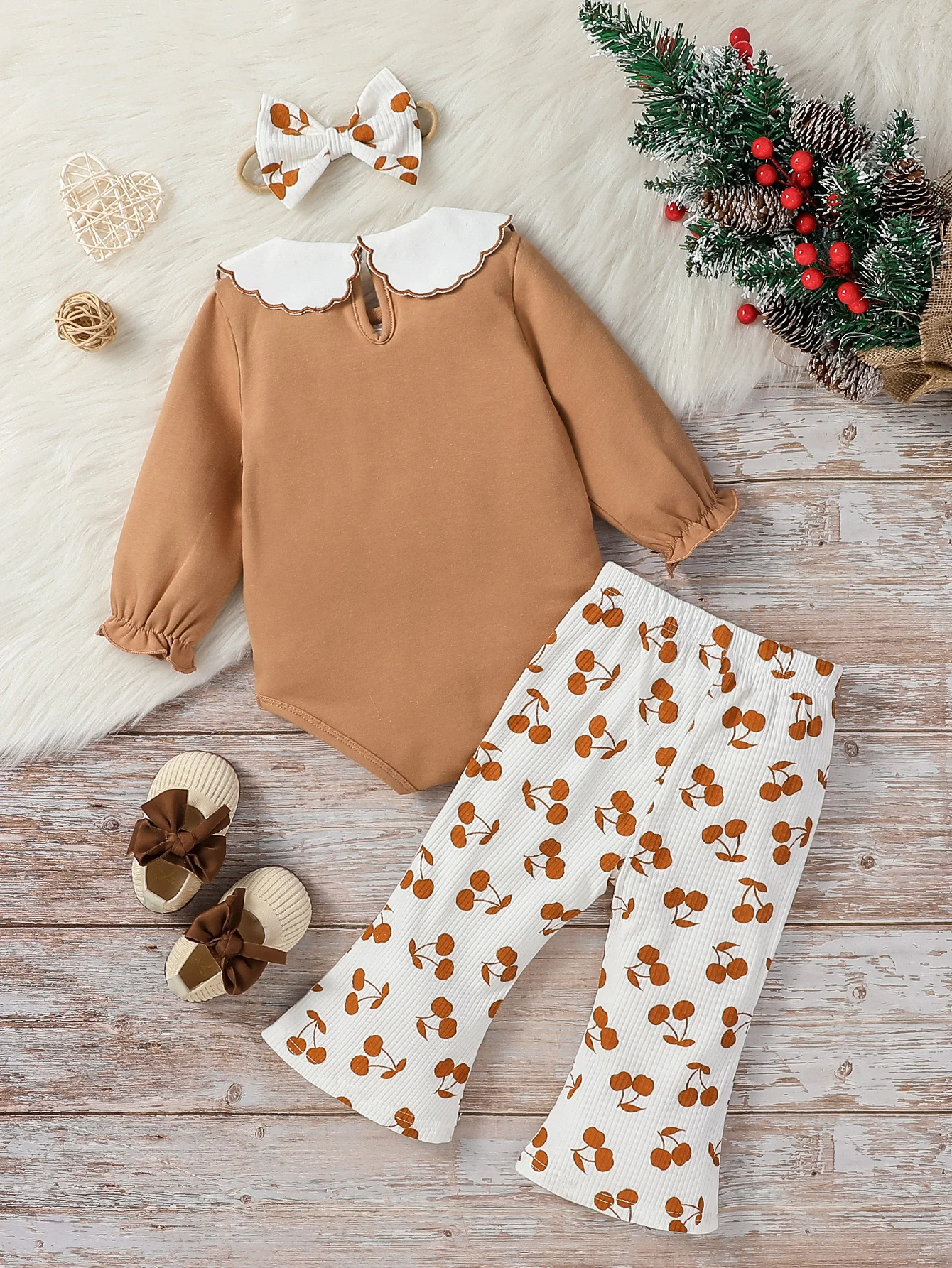 Baby Girl Honey  Fall Outfits Cherry Embroidered Doll Collar Long Sleeve Romper + Flare Pants For Newborn-18M 2Pcs Clothes Set