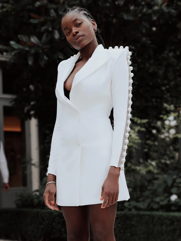 2026 White Pearl Trim Women’s Pant Suit Single Breasted Long Blazer&High Waist Flared Trousers Two Piece Set for Business Formal