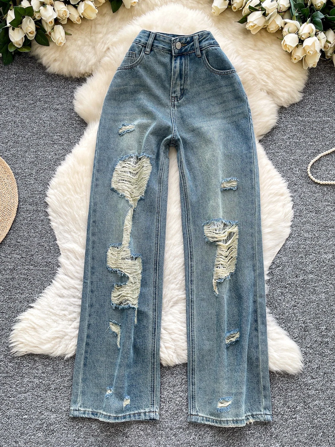 

Ретро Гонконгские широкие джинсы с высокой талией, женские модные потертые дырки, повседневные осенние универсальные джинсовые брюки