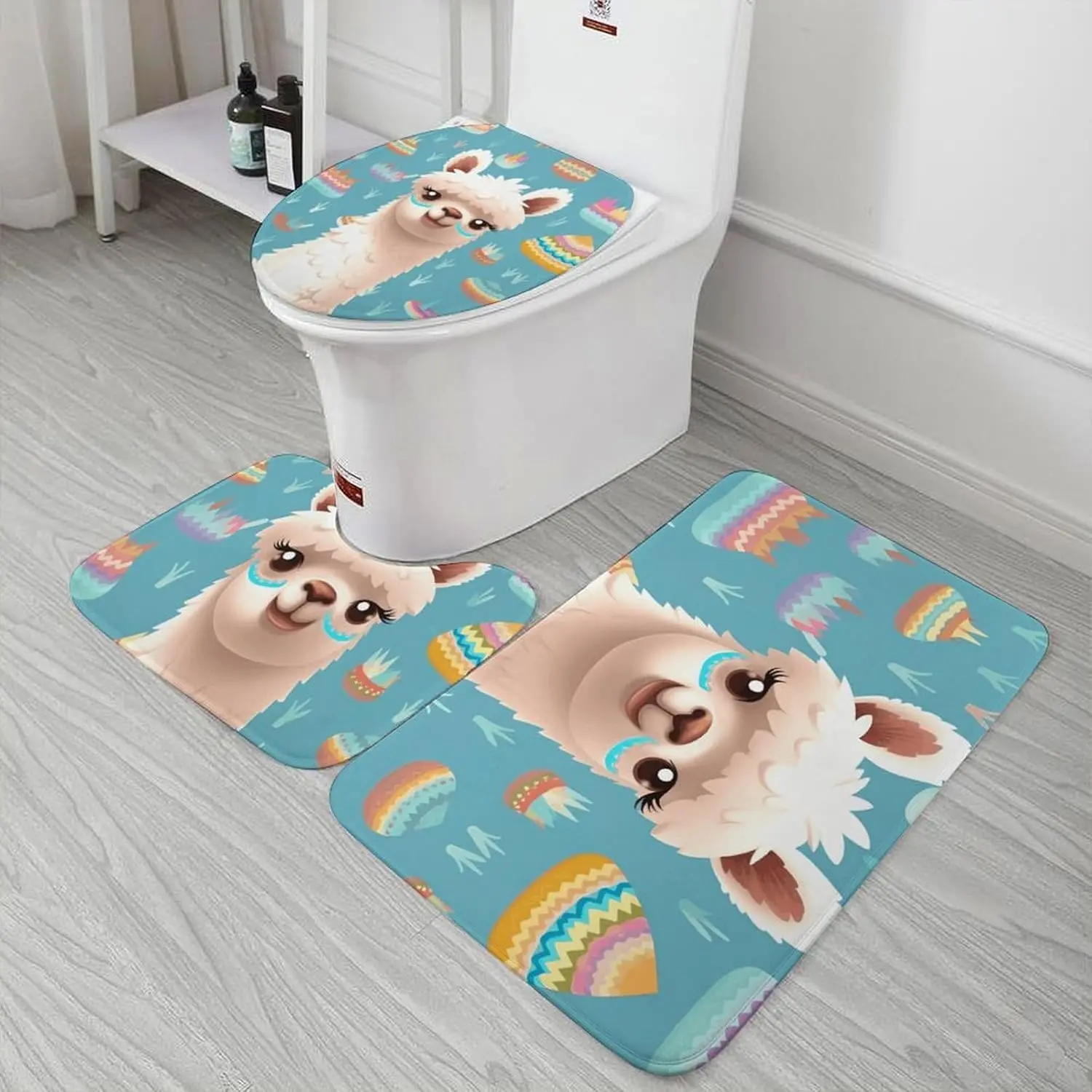 3 Piece Bath Rug Set Non Slip Absorbent Bath Mat Contour Mat with Toilet Lid Cover Alpaca Patterm Soft Floor Mats for Bathroom