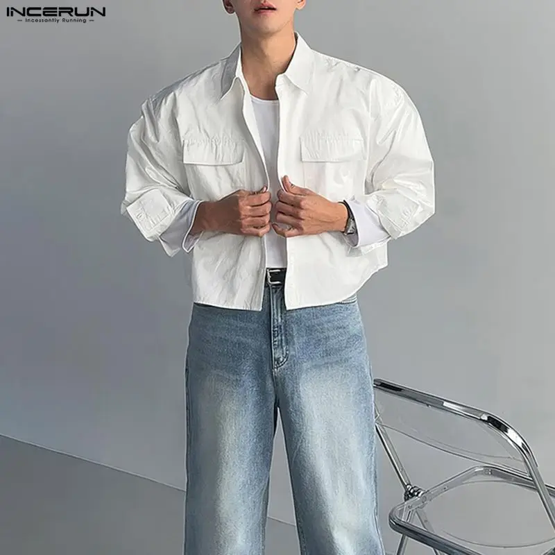 INCERUN Men Shirt Solid Color Lapel Long Sleeve Pockets Casual Men Clothing Streetwear 2026 Loose Korean Style Fashion Male Tops