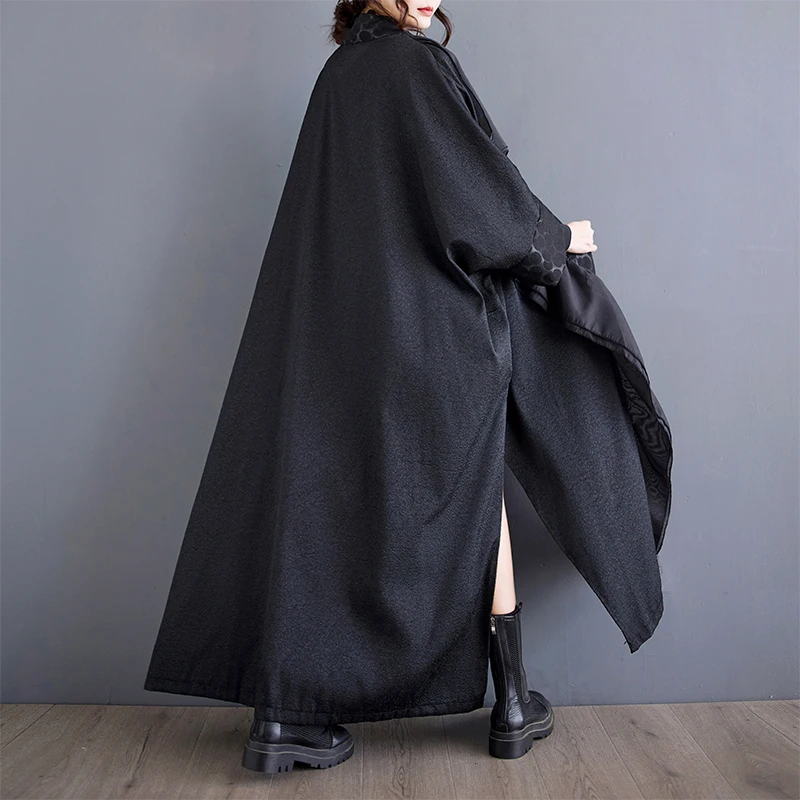 #6925 Autumn Winter Black Irregular Trench Coat Women Cardigan Kimono Coat Women Loose Spliced Ruffles Streetwear France Style 