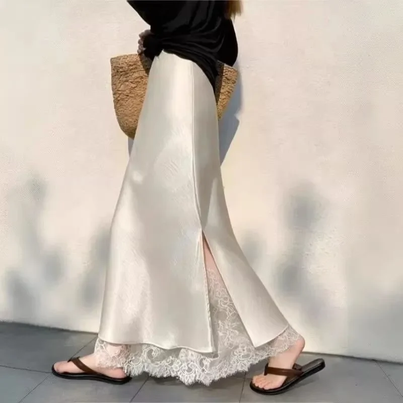 Elegant Satin Fish Tail Half Skirt High Waist Lace Splice Side Slit Draping Long Women's Skirt Breathable Skin-friendly Polye...