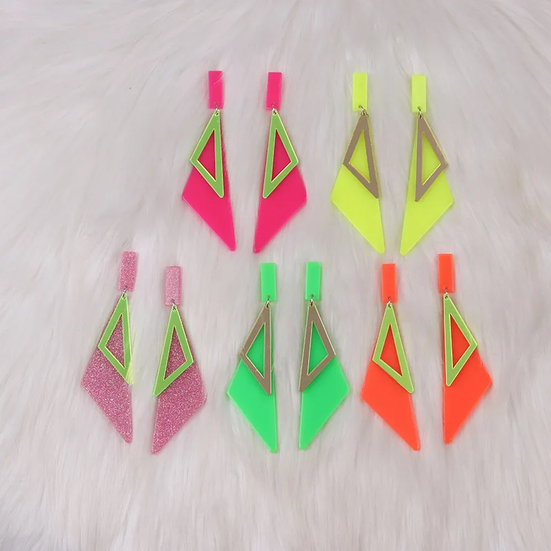 New Double Layer Long Triangle Acrylic Earrings with Fluorescent Color Simple and Personalized Fashion Earrings Decorative Gift