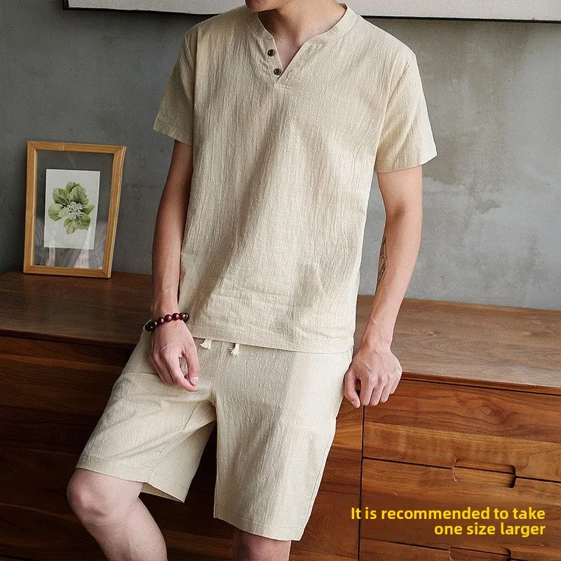 

Cotton Linen Spwear ort Sve Lightweight Home Clothes Set for Men Simple Two-Piece Suit Comfortable Breathable Leisure...