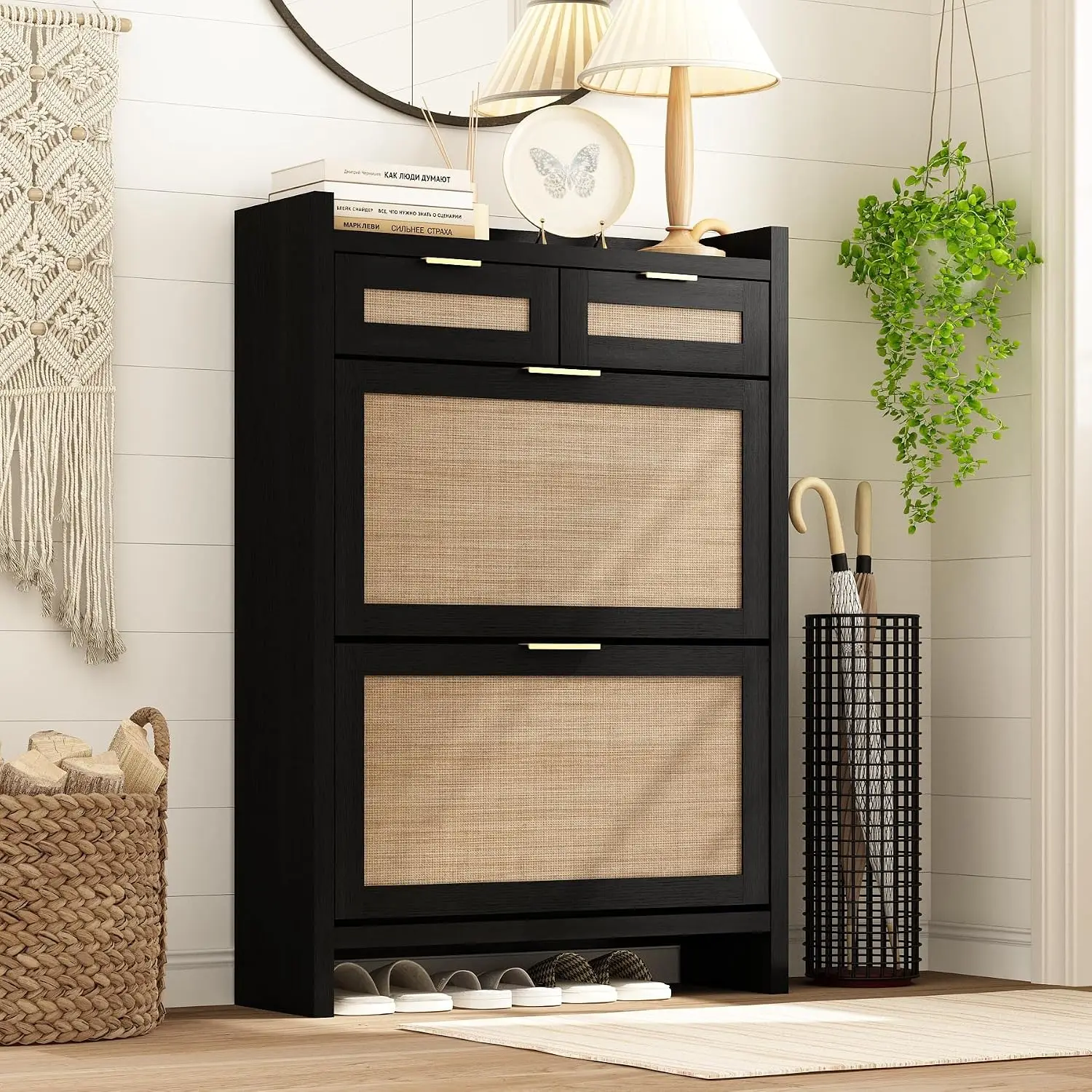 Slim Rattan Shoe Cabinet with Flip Drawers for Entryway Front Door, Narrow Hidden 2-Door Shoe Storage Holder, Black, Customized