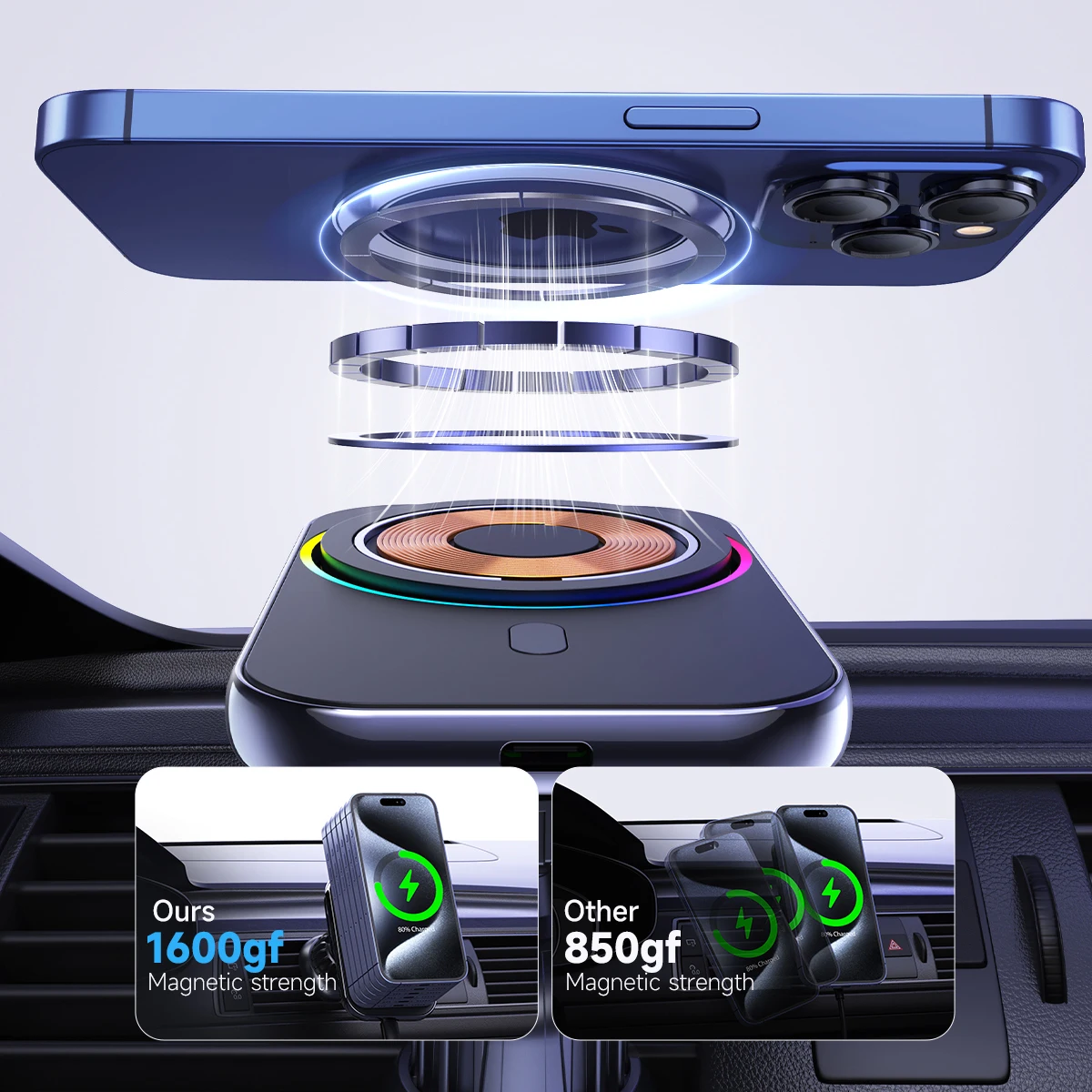 QI2 15 واط حامل هاتف السيارة المغناطيسي برودة أشباه الموصلات شاحن لاسلكي حامل آيفون 16 15 14 13 12 برو Magsafe شاحن سيارة