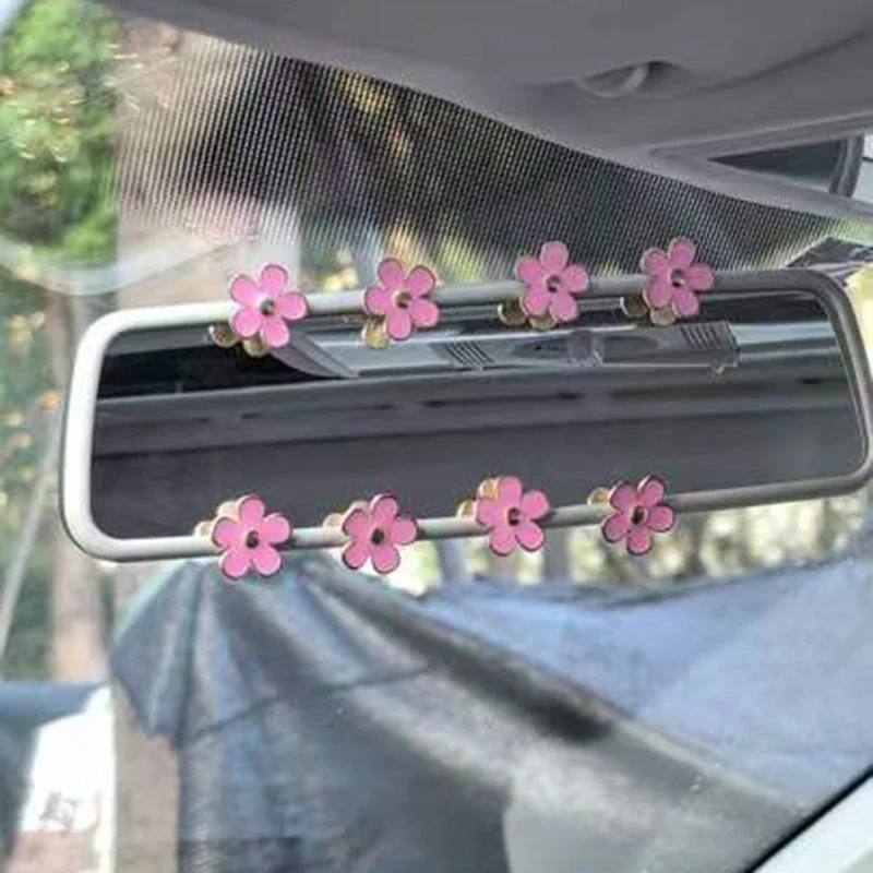 8pcs Alloy Flower with Double-sided Tape Car Interior Rearview Mirror DIY Center Console Decoration Car Display Accessories