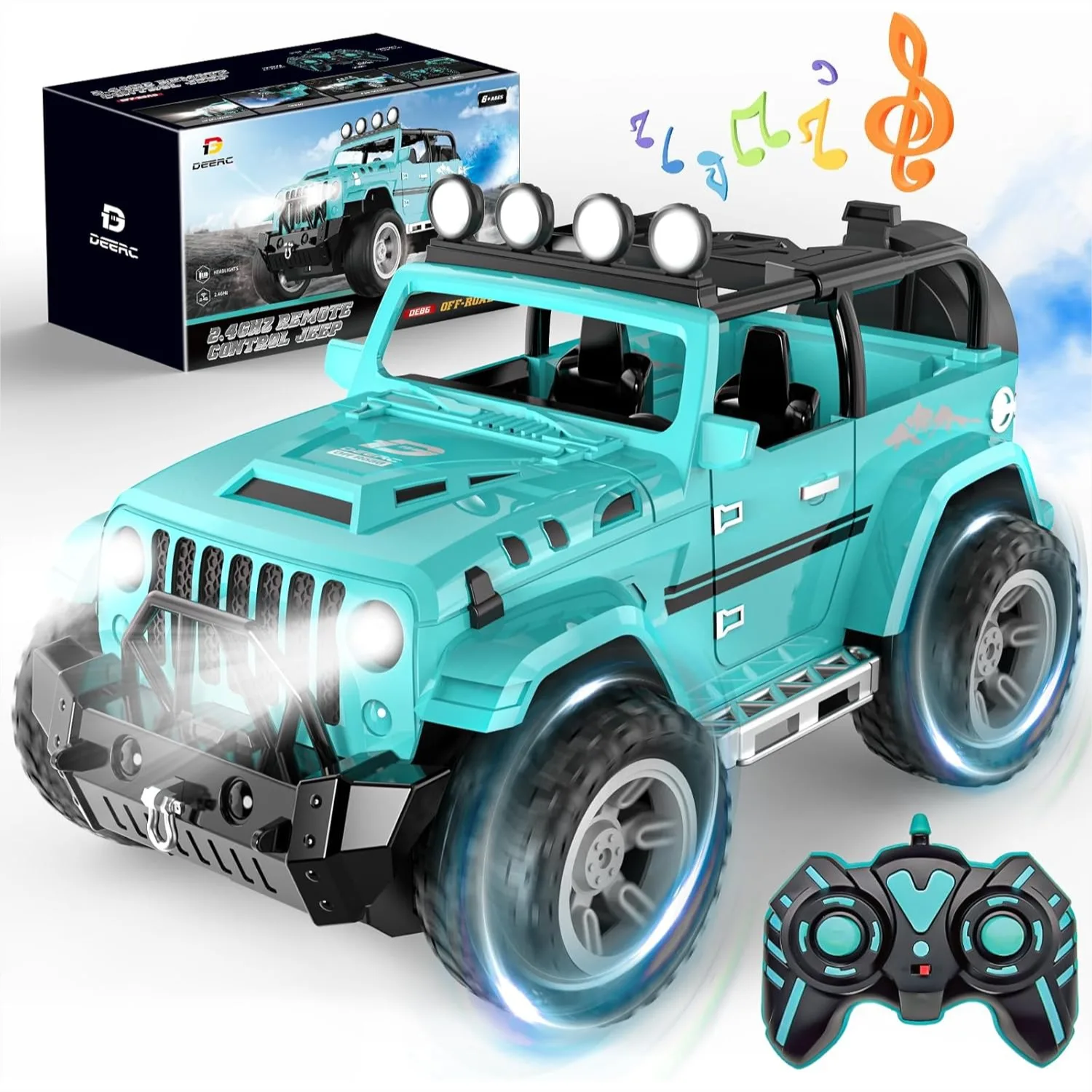 

DEERC Remote Control Car with Fog Mist & Music, 1:16 RC Truck for Boys, 2.4GHz All Terrain SUV Crawler with 2 Batteries