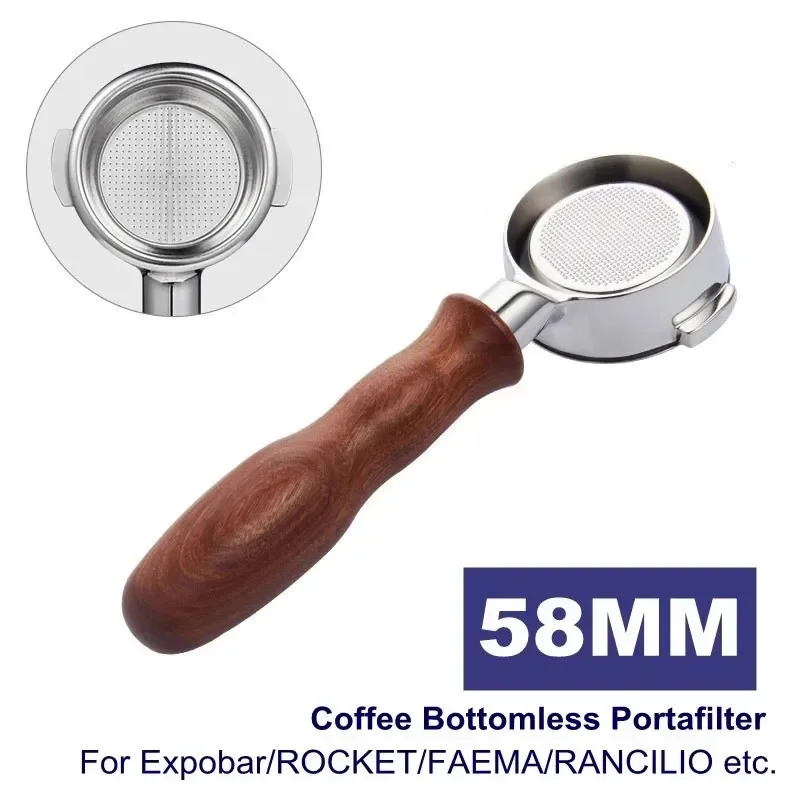 58mm Coffee Stainless Steel Bottomless Portafilter Wood Handle for Expobar  ROCKET/RANCILIO/La Cimbali Kitchen Accessories