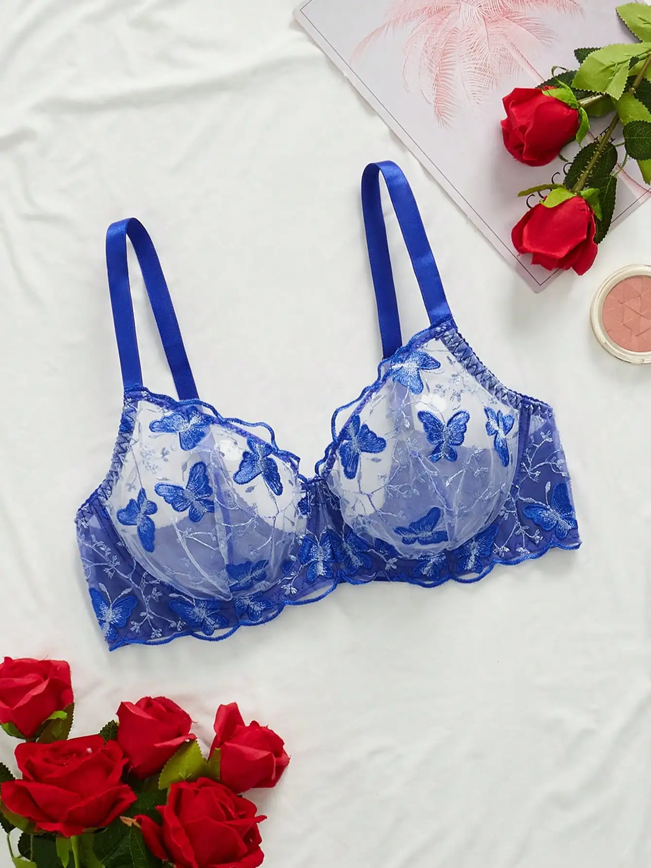Blue Butterfly Embroidered Sheer Lace Underwire Bra for Women