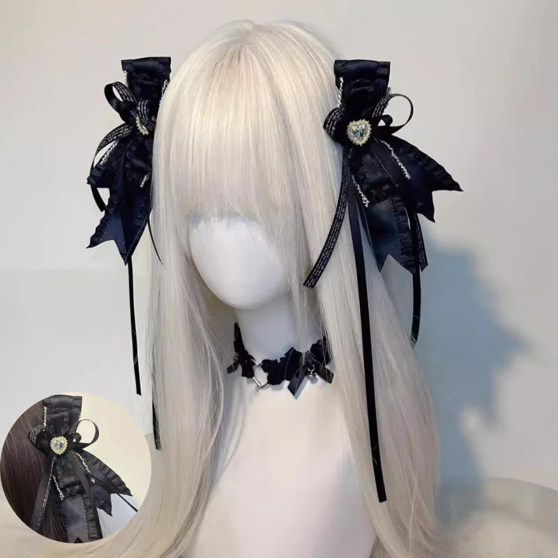 

1 Pairs Handmad Gothic Harajuku Black Bow Tie Hair Clip Punk Y2K Girl Sweet Big Bow Hairgrips Double Ponytails Ribbon Hair Clip