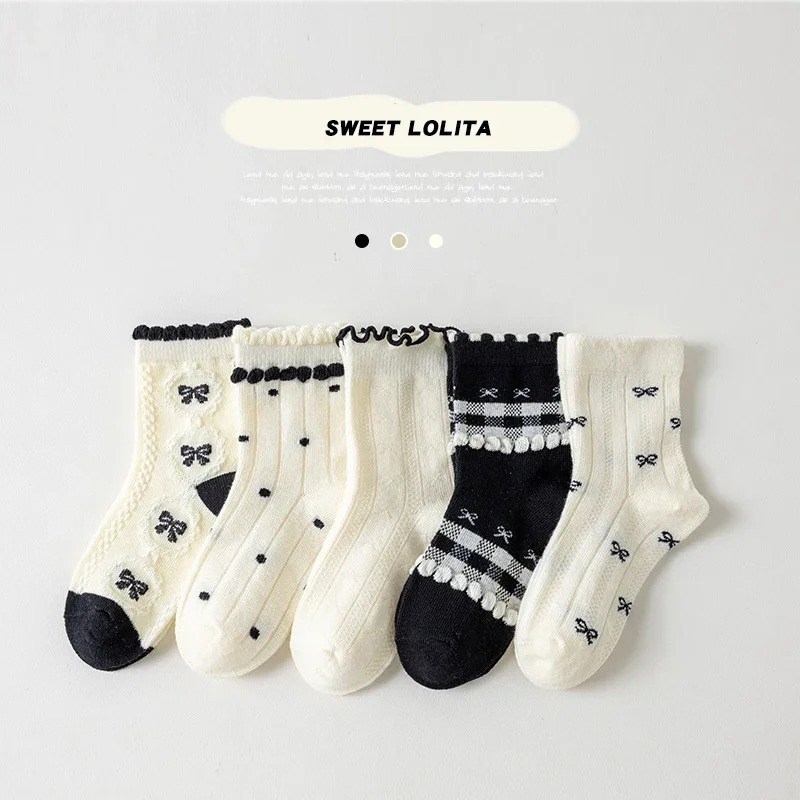 

5 Pairs Girls Mid-Calf Socks Set-Fashionable Polka Dot with Bow Tie & Striped Half-Princess Design