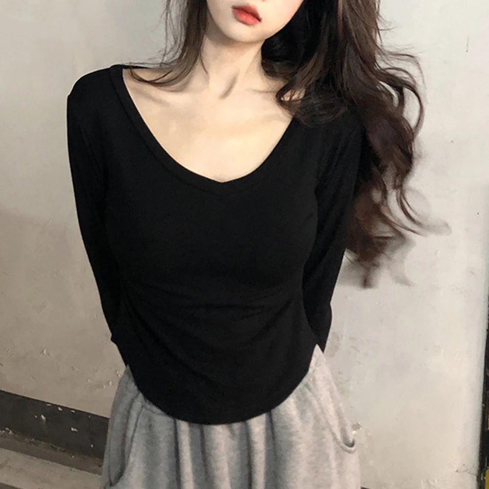 Manga longa para mulher fino ajuste vneck camiseta outono topo cor sólida casual wear leve tecido elástico confortável e elegante
