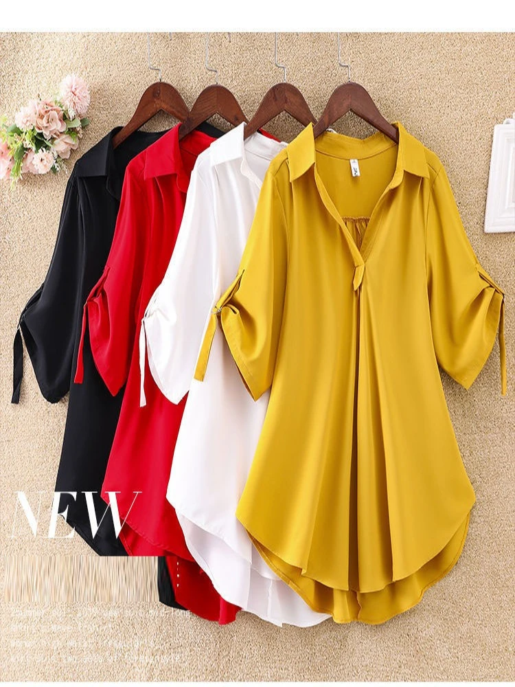 Sommerliche, modische, kurzärmelige, mittellange bis lange Chiffon-Damenbluse in großen Größen, locker geschnitten, schlank machend und elegant.