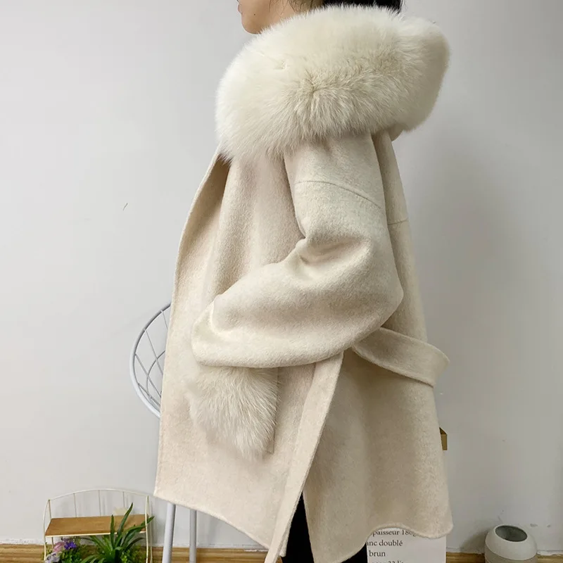 2023 Woolen fur,New  Women\'s Hooded Wool Coat With Real Fur Collar New Winter Female Oversize Belted Cardigan Outerwear With Poc