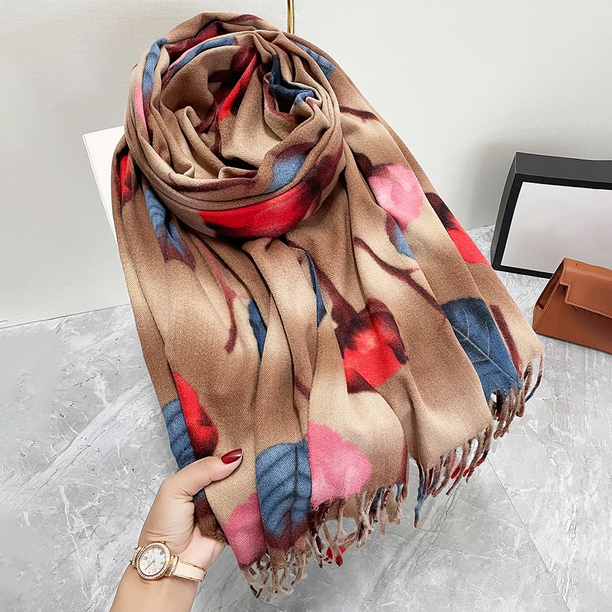 Red Tulip and Blue Leaves Printing Long Soft Scarves for Evening Dress Wedding Winter Warm Cashmere Feeling Retro Elegant Wraps