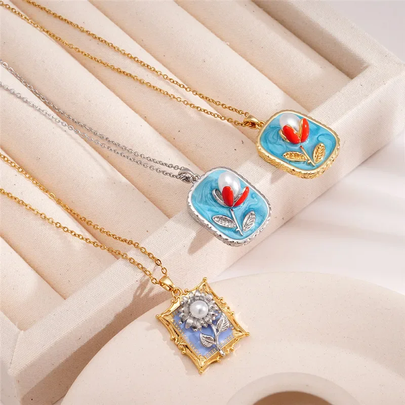 

Винтажный дизайн, подвеска с розой и эмалью, ожерелье, цепочки из нержавеющей стали, высококачественное колье с искусственным жемчугом, ювелирное изделие, подарок для женщин и девочек